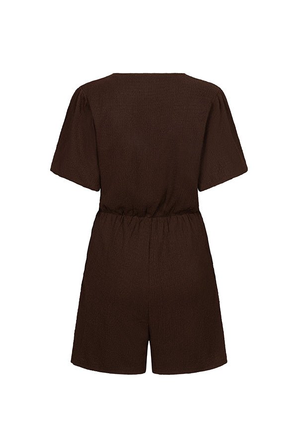 Een donkerbruine playsuit, vrijstaand gefotografeerd tegen een witte achtergrond | Lofty Manner Maddie | Jo&Co Club
