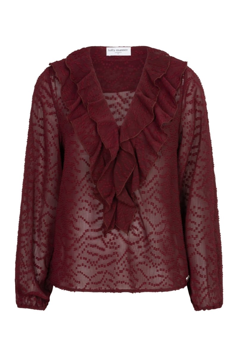 Productfoto blouse met ruches Lofty Manner Kio – V-hals en transparant patroon | Jo&Co Club