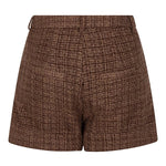 Close up van de achterkant van de aziza short met tweed in een bruine kleur.