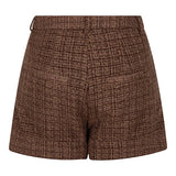 Close up van de achterkant van de aziza short met tweed in een bruine kleur.