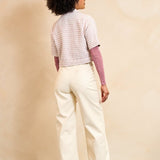 Lofty Manner Top Ines | Ecru Mauve Pink in Gebroken wit, Cropped, relaxed en recht silhouet