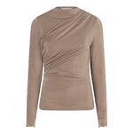 Productfoto taupe gedrapeerde top Jimmi – opstaande hals en schuine plooien, voorkant | Jo&Co Club