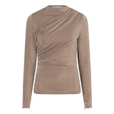 Productfoto taupe gedrapeerde top Jimmi – opstaande hals en schuine plooien, voorkant | Jo&Co Club