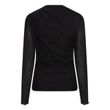 Achterkant zwarte mesh top Jolien – gedrapeerd lijf en doorschijnende lange mouwen | Jo&Co Club