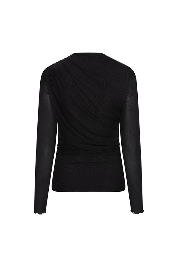 Achterkant zwarte mesh top Jolien – gedrapeerd lijf en doorschijnende lange mouwen | Jo&Co Club