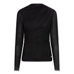 Productfoto zwarte mesh top Jolien – opstaande hals, plooien en transparante mouwen, voorkant | Jo&Co Club