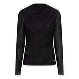 Productfoto zwarte mesh top Jolien – opstaande hals, plooien en transparante mouwen, voorkant | Jo&Co Club