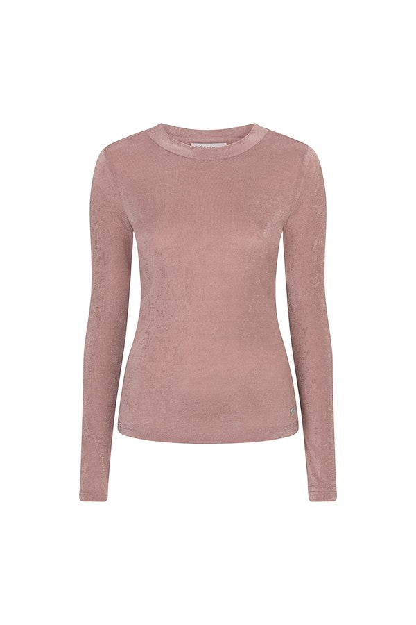 Productfoto lichtroze longsleeve Jessy – aansluitende top met hoge ronde hals, voorkant | Jo&Co Club
