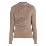 Productfoto taupe gedrapeerde top Jimmi – opstaande hals en schuine plooien, voorkant | Jo&Co Club