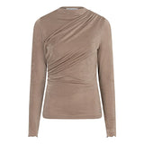 Productfoto taupe gedrapeerde top Jimmi – opstaande hals en schuine plooien, voorkant | Jo&Co Club
