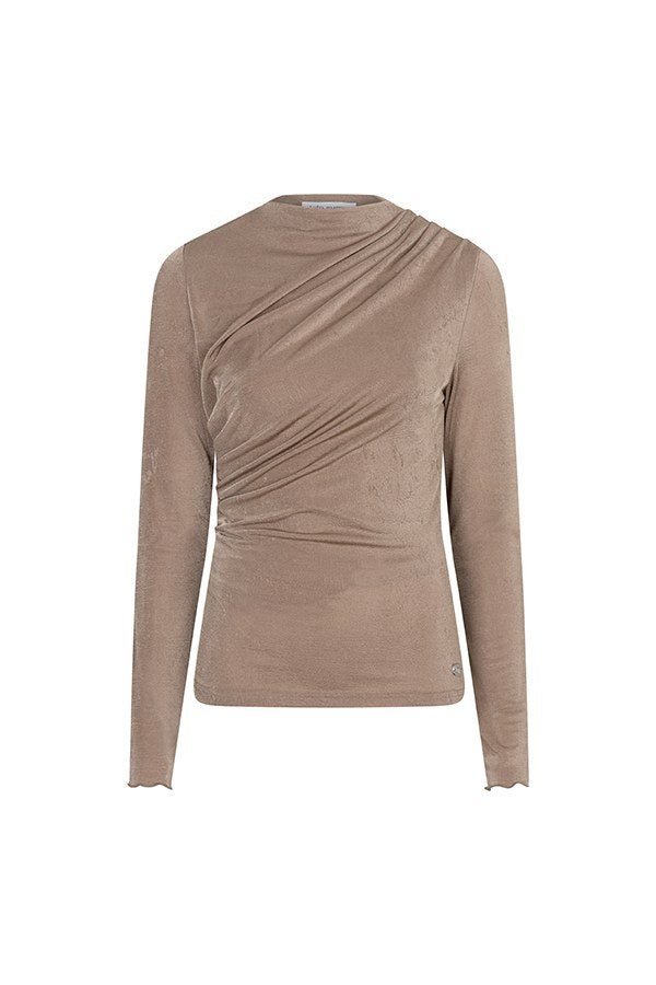 Productfoto taupe gedrapeerde top Jimmi – opstaande hals en schuine plooien, voorkant | Jo&Co Club