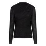 Productfoto zwarte mesh top Jolien – opstaande hals, plooien en transparante mouwen, voorkant | Jo&Co Club