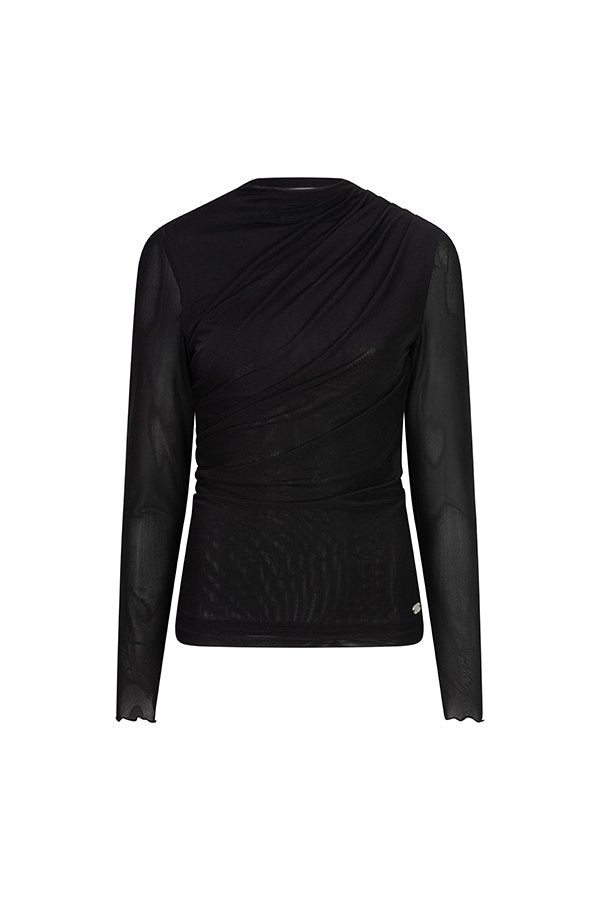 Productfoto zwarte mesh top Jolien – opstaande hals, plooien en transparante mouwen, voorkant | Jo&Co Club