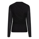 Achterkant zwarte mesh top Jolien – gedrapeerd lijf en doorschijnende lange mouwen | Jo&Co Club