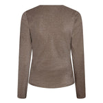 Achterkant taupe wikkeltop Jori – gladde rug, lange mouwen en subtiele lurexglans | Jo&Co Club