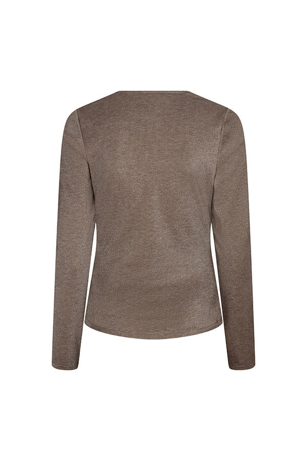 Achterkant taupe wikkeltop Jori – gladde rug, lange mouwen en subtiele lurexglans | Jo&Co Club