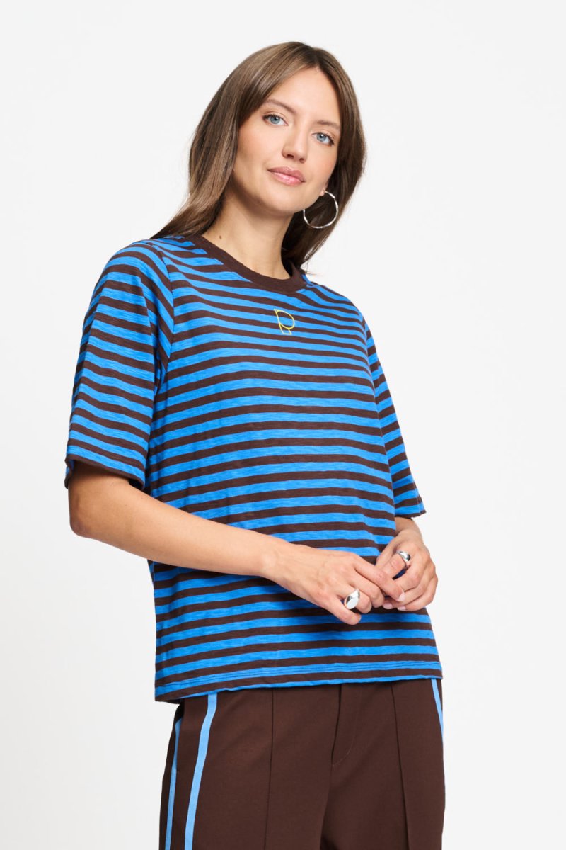 Model draagt het blauw met bruin gestreepte t-shirt Tyra van POM Amsterdam.