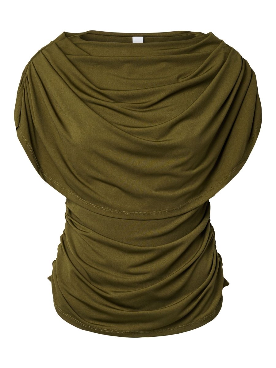 Productfoto cape top Y.A.S Drala in olijfgroen – boothals en gedrapeerde cape, voorkant | Jo&Co Club