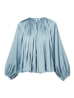 Satijnen top met ballonmouwen Y.A.S Fludit in soft chambray – plooien vanaf de ronde hals | Jo&Co Club