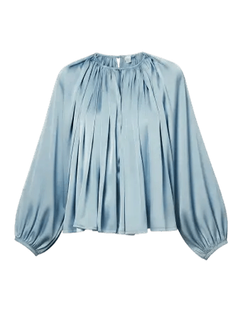 Satijnen top met ballonmouwen Y.A.S Fludit in soft chambray – plooien vanaf de ronde hals | Jo&Co Club