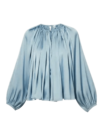 Satijnen top met ballonmouwen Y.A.S Fludit in soft chambray – plooien vanaf de ronde hals | Jo&Co Club