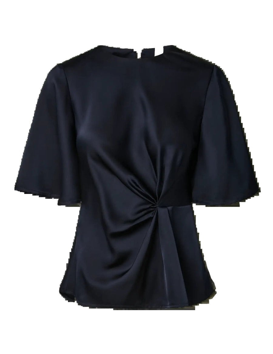 Satijnen top met korte mouwen Y.A.S Pila in navy – ronde hals en draaiing op de heup, voorkant | Jo&Co Club