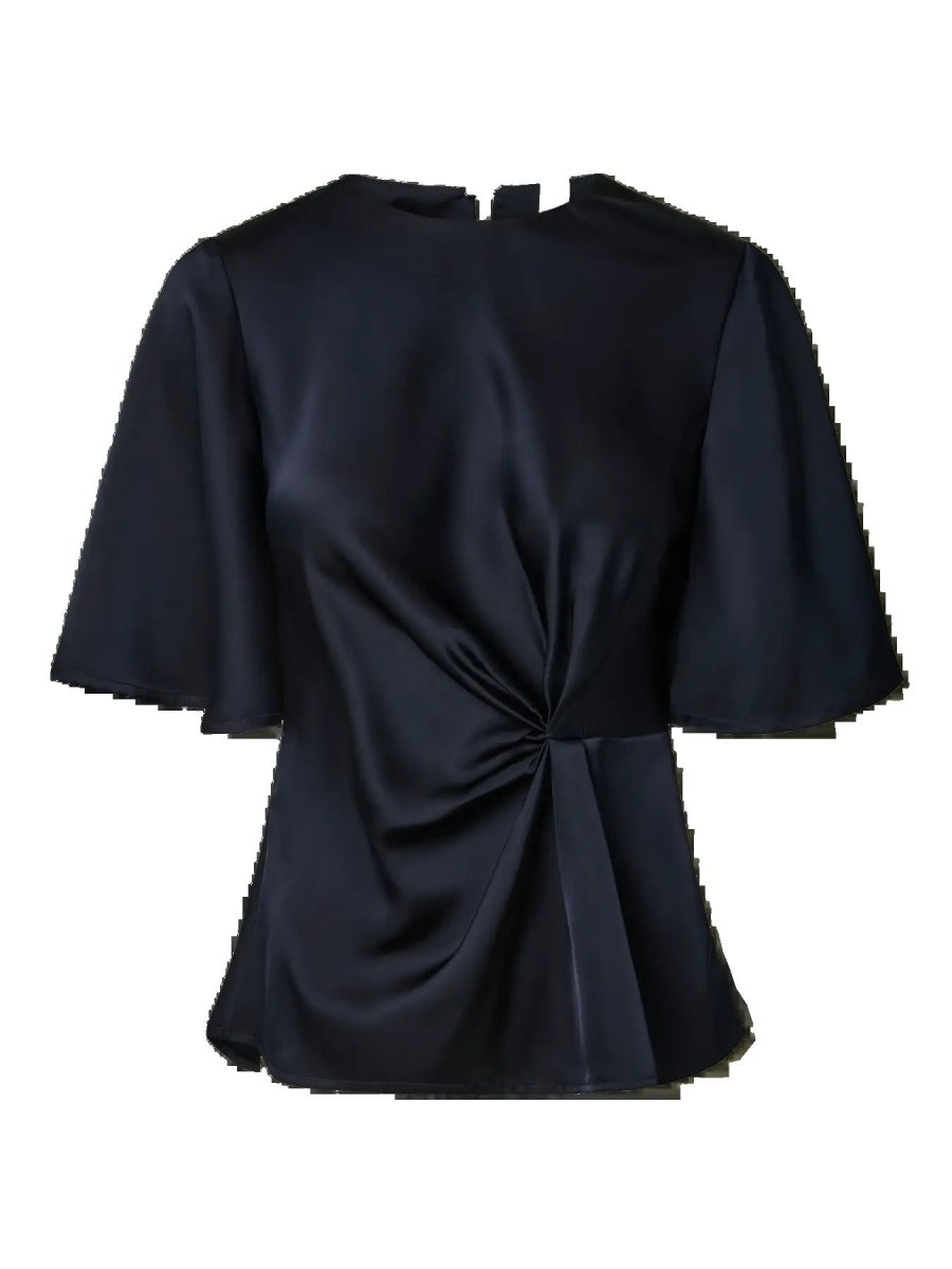 Satijnen top met korte mouwen Y.A.S Pila in navy – ronde hals en draaiing op de heup, voorkant | Jo&Co Club