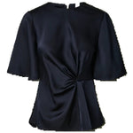 Satijnen top met korte mouwen Y.A.S Pila in navy – ronde hals en draaiing op de heup, voorkant | Jo&Co Club