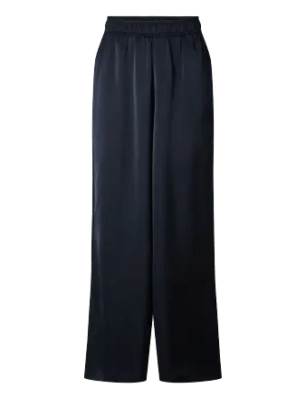 Satijnen wijde broek Y.A.S Pila in navy – elastische tailleband en wijde pijpen, voorkant | Jo&Co Club