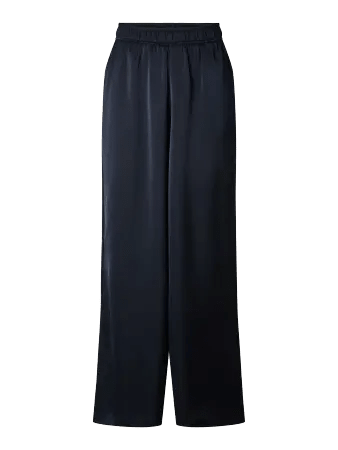 Satijnen wijde broek Y.A.S Pila in navy – elastische tailleband en wijde pijpen, voorkant | Jo&Co Club