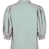 Achteraanzicht van de Ydence Annie blouse met pofmouwen en roze-groene strepen – casual en opvallend design.