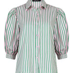 Ydence Annie blouse met roze-groene verticale strepen, pofmouwen en knoopsluiting – zomerse damesblouse.