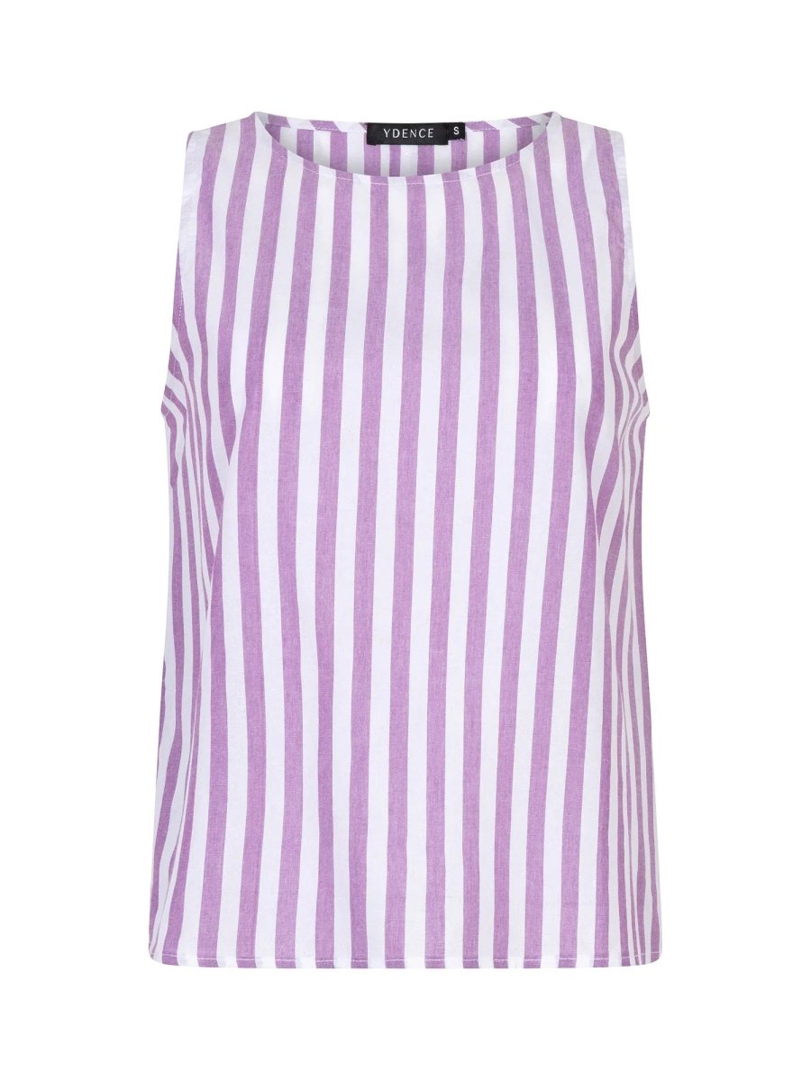 Voorzijde Ydence Arlette top in lila-witte streep.