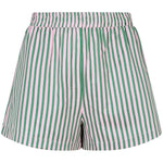 Ydence Belle short met verticale roze en groene strepen en elastische taille – zomerse A-lijn pasvorm.