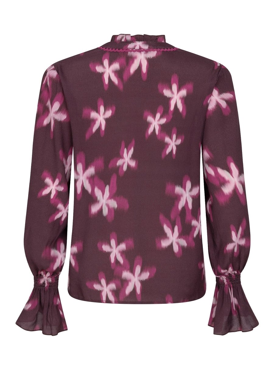 Pruimkleurige bloemenblouse met ruches Ydence Francesca – achterkant | Jo&Co Club