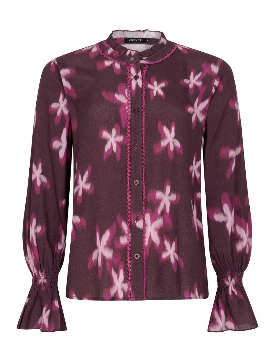 Pruimkleurige bloemenblouse met ruches Ydence Francesca – voorkant | Jo&Co Club