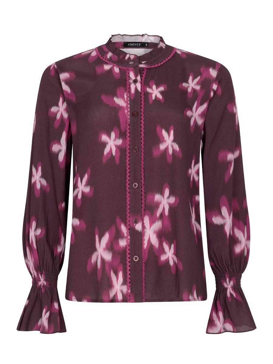 Pruimkleurige bloemenblouse met ruches Ydence Francesca – voorkant | Jo&Co Club