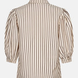 De achterkant van een blouse met een verticaal streeppatroon in gebroken wit en donkerbruin | Ydence Bobbie | Jo&Co Club