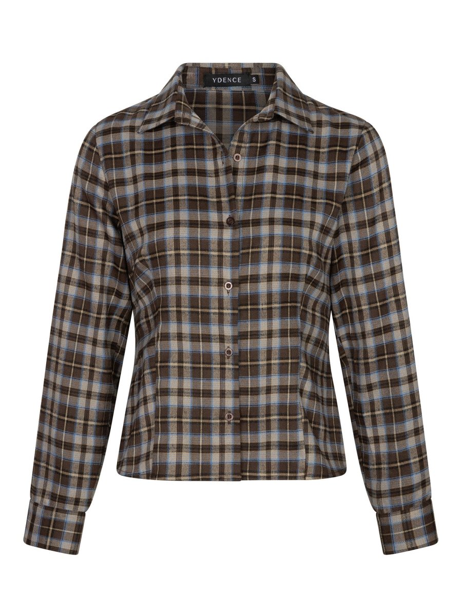 Vrijstaande productfoto van een blouse in bruin-blauwe ruit op een witte achtergrond | Ydence Tamila | Jo&Co Club