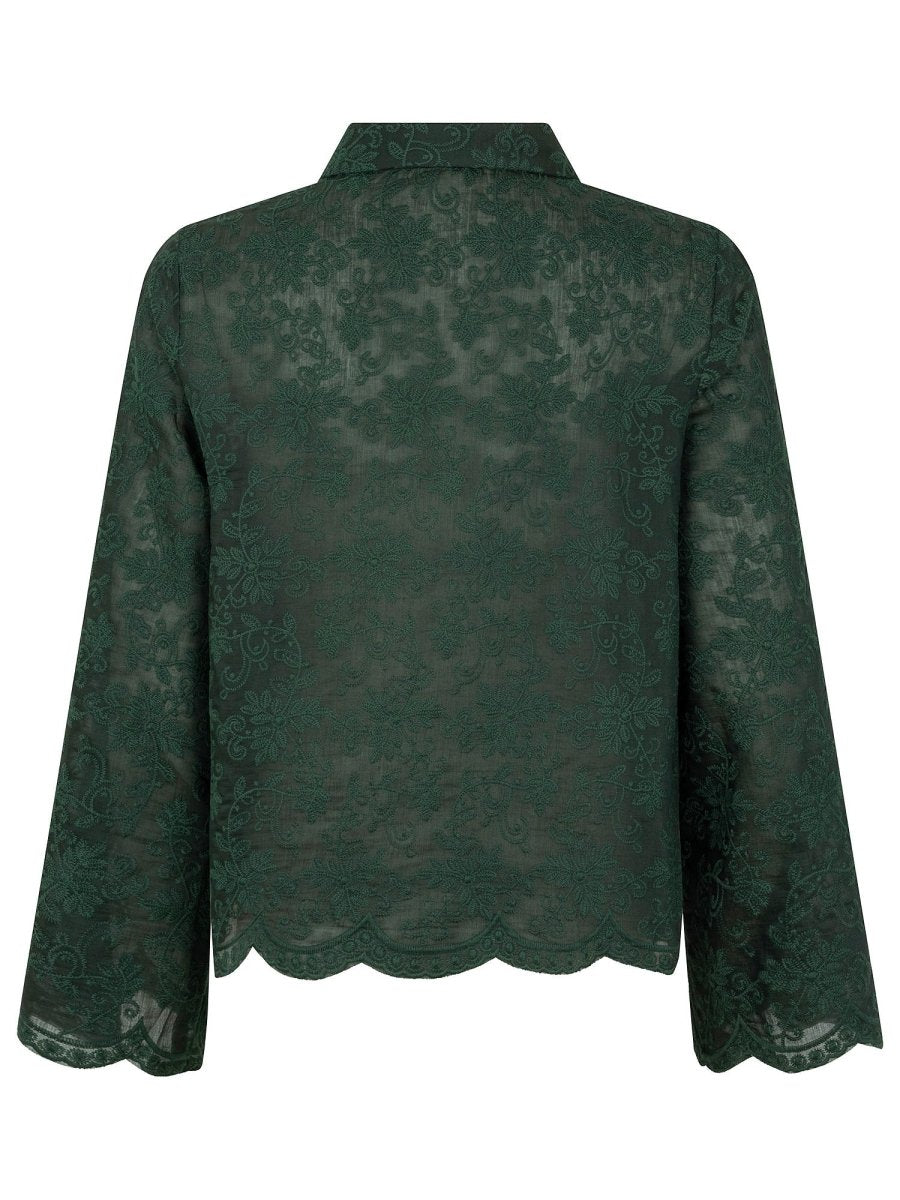 Smaragdgroene broderie blouse met geschulpte zoom Ydence Lieke – achterkant | Jo&Co Club