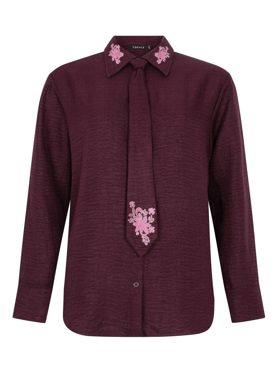 Pruimkleurige blouse met geborduurde bloemen Ydence Carrie – voorkant | Jo&Co Club