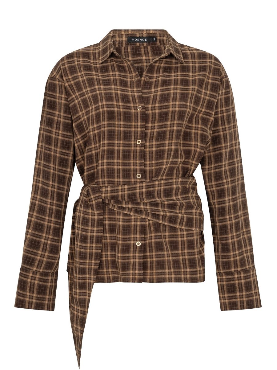 Bruin geruite blouse met strik in de taille Ydence Isa – voorkant | Jo&Co Club
