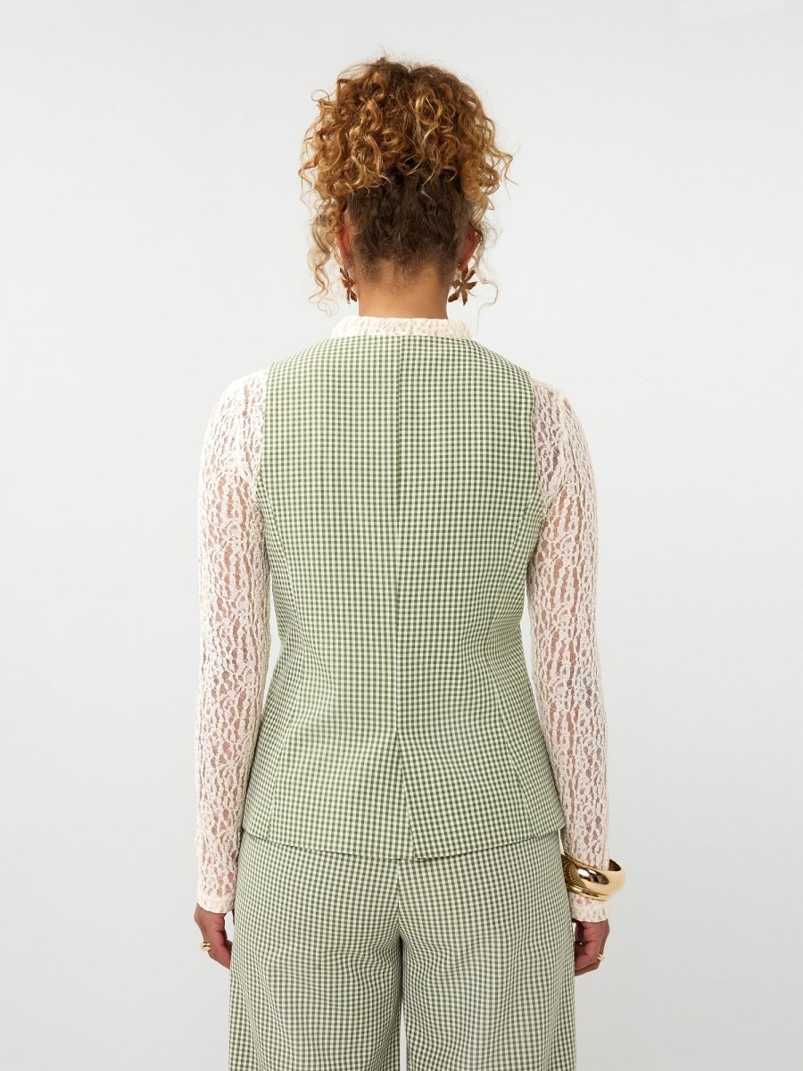 Ydence Gilet Jette | Groen in Zacht olijfgroen en gebroken wit; Blouse:, getailleerd