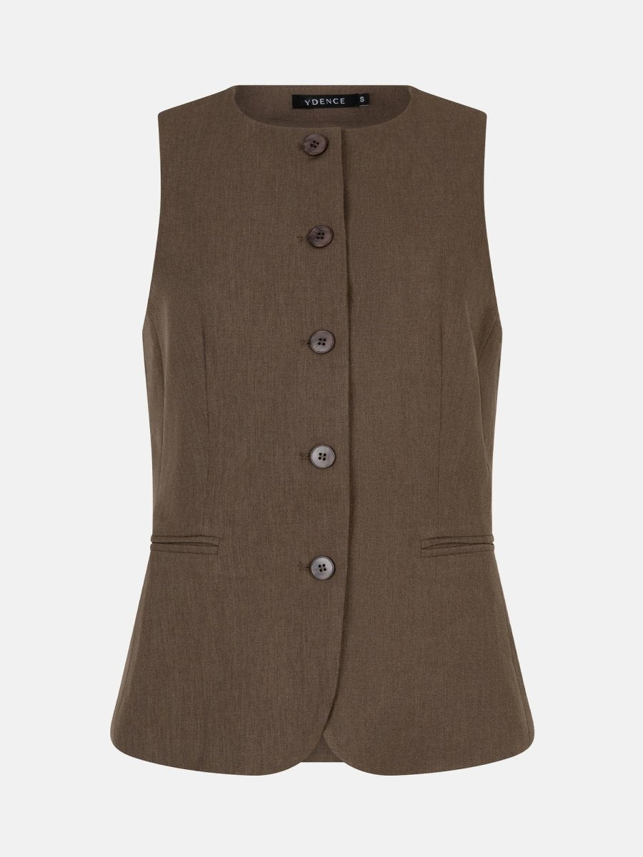 productfoto van de voorkant van het mellie gilet van ydence in de kleur mud.