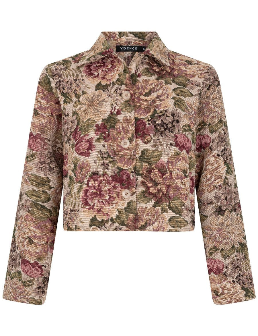 Beige gobelin jasje met geweven rozen Ydence Olivia – voorkant | Jo&Co Club