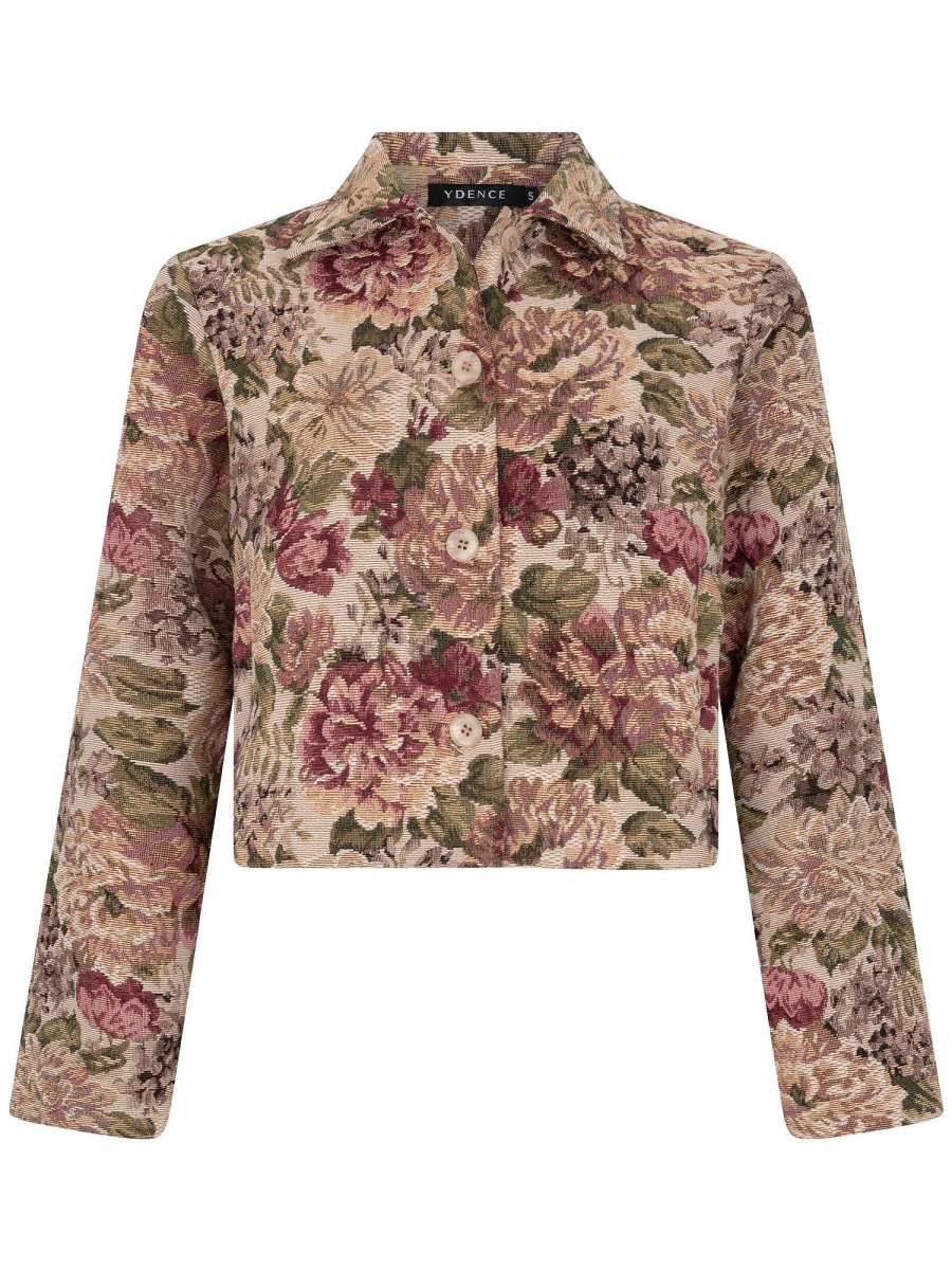 Beige gobelin jasje met geweven rozen Ydence Olivia – voorkant | Jo&Co Club