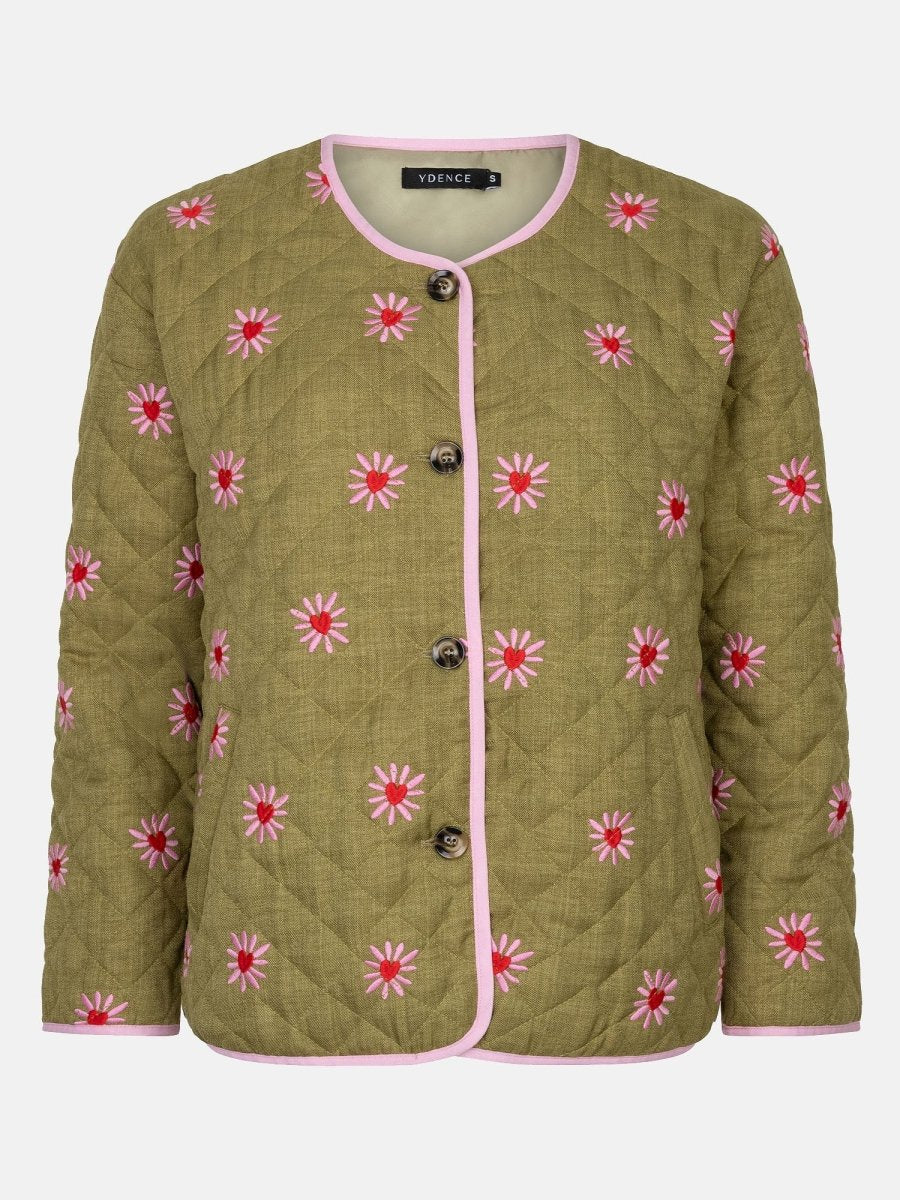 Productfoto van het robylin jacket van ydence in een groene kleur met rode en roze hartjes.