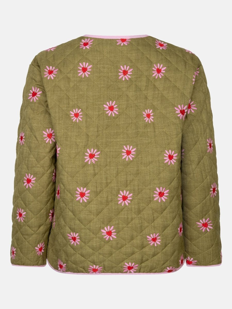 Productfoto van de achterkant van het robylin jacket van ydence in een groene kleur met rode en roze hartjes.