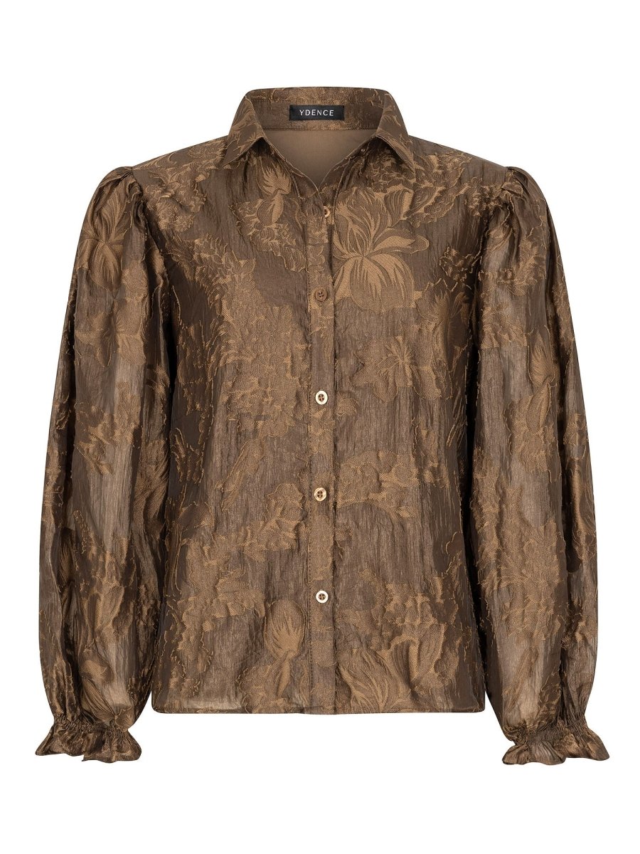 Koffiebruine jacquard blouse met pofmouwen Ydence Donna – voorkant | Jo&Co Club
