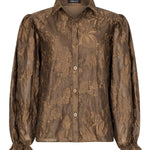 Koffiebruine jacquard blouse met pofmouwen Ydence Donna – voorkant | Jo&Co Club